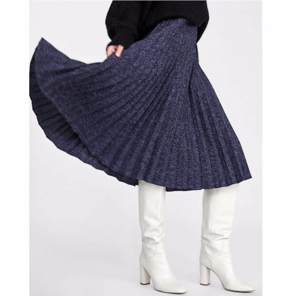 Zara Blue Tweed Pleated Midi Skirt